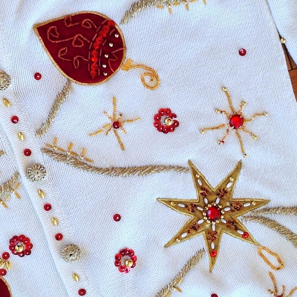 Vintage 90's KIKIT Christmas Sweater Cream Embellished Ornaments Cardigan size S - Picture 12 of 16
